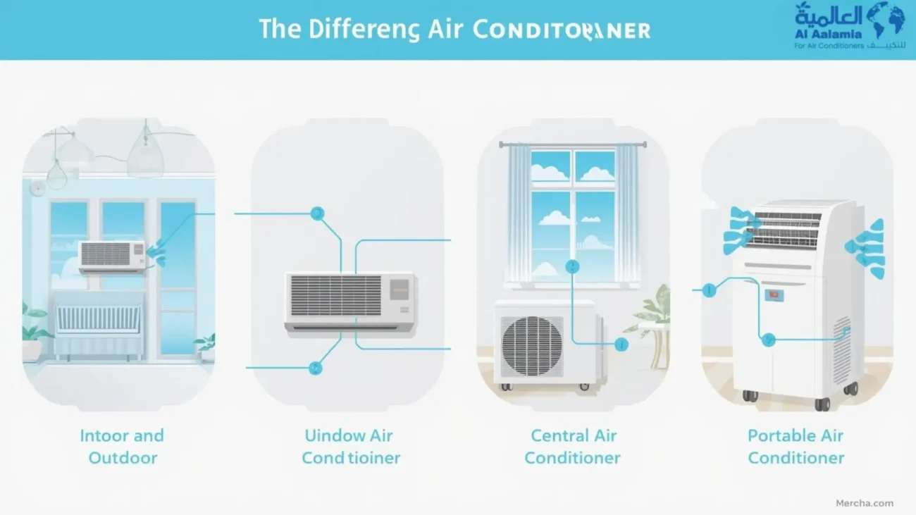 إنفوجرافيك يوضح أنواع التكييفات الأربعة: سبليت، شباك، مركزي، وتكييف متنقل - العالمية للتكييف