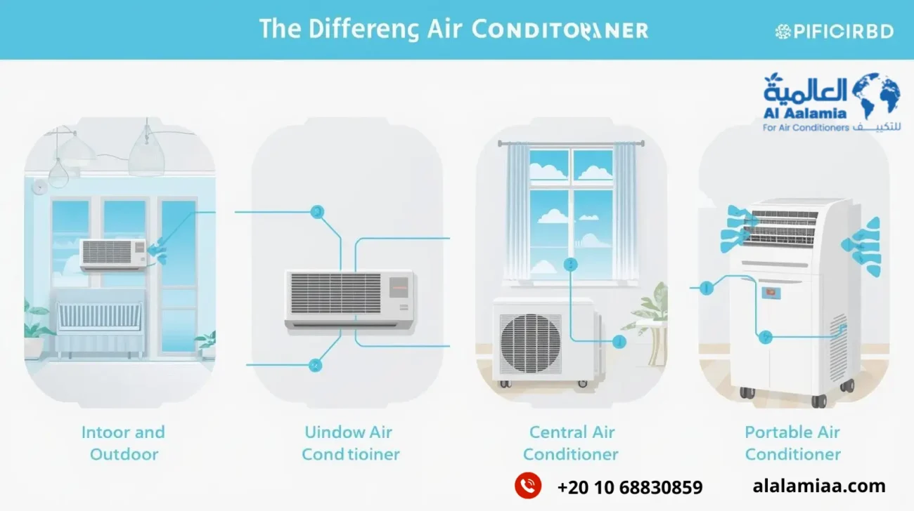 إنفوجرافيك يوضح أنواع التكييفات الأربعة: سبليت، شباك، مركزي، وتكييف متنقل - العالمية للتكييف